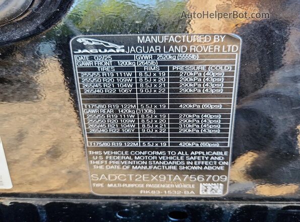 SADCT2EX9TA756709 2026 JAGUAR F-PACE Black VIN կոդի պիտակի տեսք