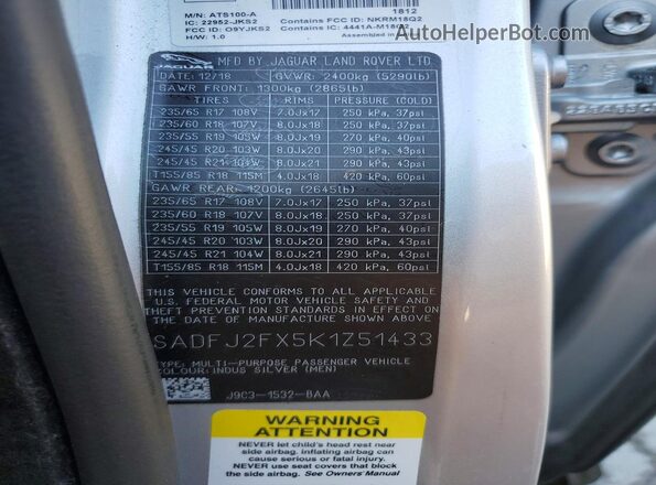 SADFJ2FX5K1Z51433 2019 JAGUAR E-PACE Silver Widok wnętrza 360 stopni