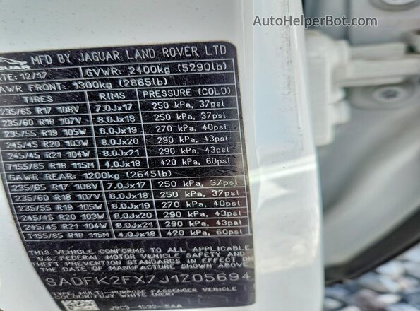 SADFK2FX7J1Z05694 2018 JAGUAR E-PACE White Engine compartment view