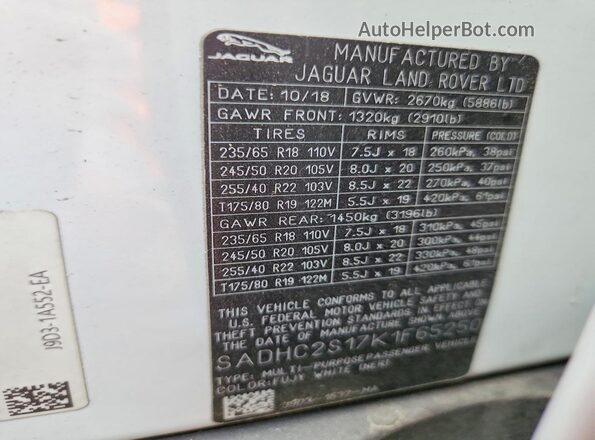 SADHC2S17K1F65250 2019 JAGUAR I-PACE White Вид підкапотного простору