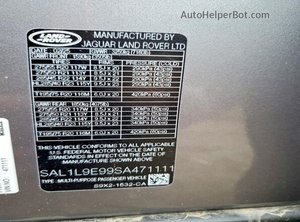 SAL1L9E99SA471111 2025 LAND ROVER RANGE Серый Панорамный вид салона 360°
