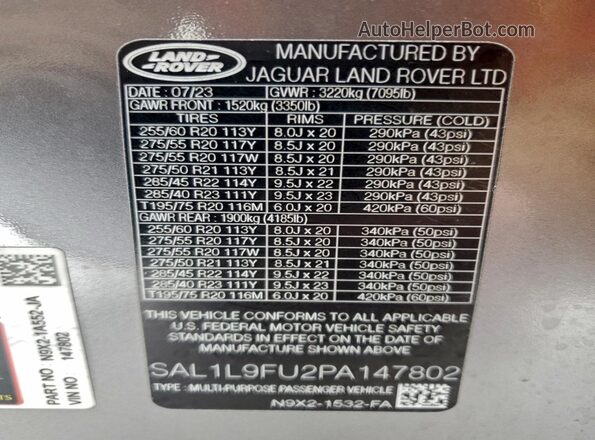 SAL1L9FU2PA147802 2023 LAND ROVER RANGE Серый Вид наклейки с VIN-кодом