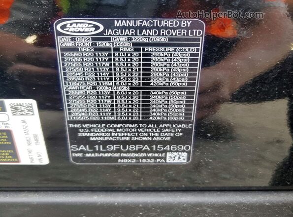 SAL1L9FU8PA154690 2023 LAND ROVER RANGE Black Вид наклейки з VIN-кодом