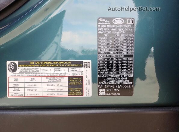SAL1P9EU7TA623607 2026 LAND ROVER RANGE Green Widok naklejki z numerem VIN