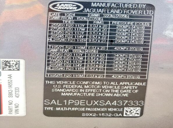 SAL1P9EUXSA437333 2025 LAND ROVER RANGE Gray VIN կոդի պիտակի տեսք