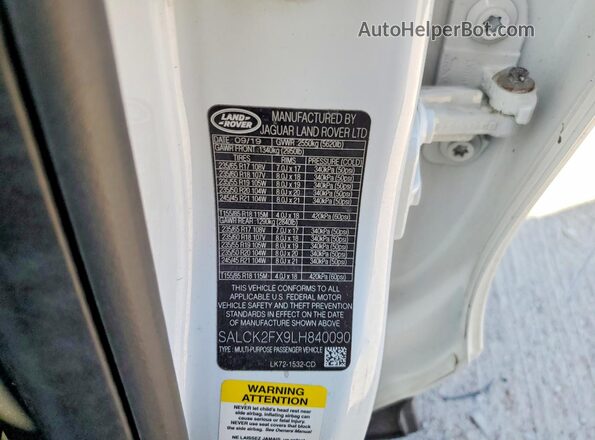 SALCK2FX9LH840090 2020 LAND ROVER DISCOVERY White Widok naklejki z numerem VIN