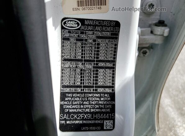 SALCK2FX9LH844415 2020 LAND ROVER DISCOVERY White Widok naklejki z numerem VIN