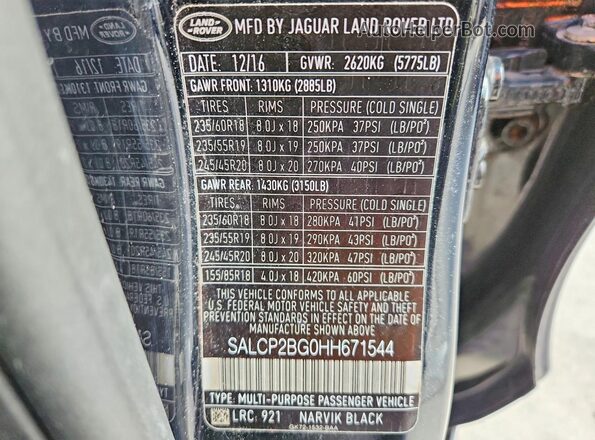 SALCP2BG0HH671544 2017 LAND ROVER DISCOVERY Черный Вид наклейки с VIN-кодом