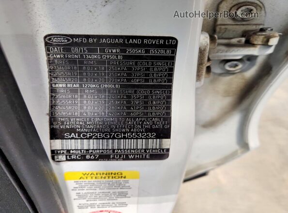 SALCP2BG7GH553232 2016 LAND ROVER DISCOVERY Белый Вид наклейки с VIN-кодом