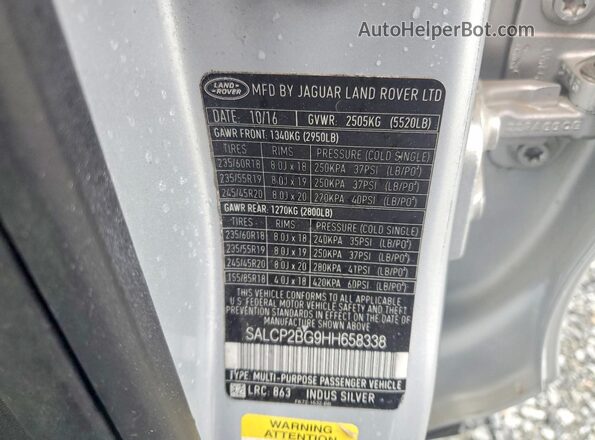 SALCP2BG9HH658338 2017 LAND ROVER DISCOVERY Silver Vista de la etiqueta del VIN