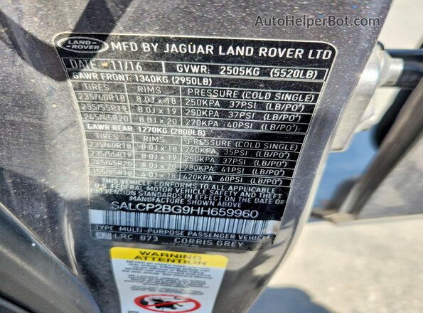 SALCP2BG9HH659960 2017 LAND ROVER DISCOVERY Серый Вид подкапотного пространства