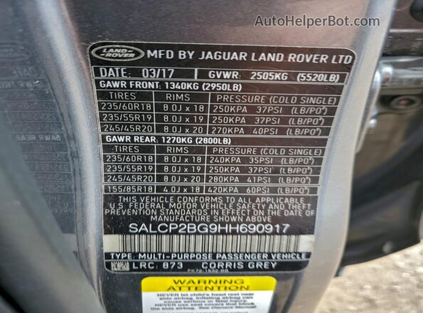 SALCP2BG9HH690917 2017 LAND ROVER DISCOVERY Серый Вид подкапотного пространства