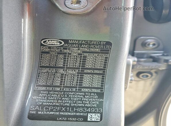 SALCP2FX1LH834933 2020 LAND ROVER DISCOVERY Gray Vista de la etiqueta del VIN