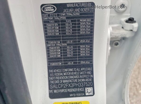 SALCP2FX3PH337520 2023 LAND ROVER DISCOVERY Белый Вид наклейки с VIN-кодом