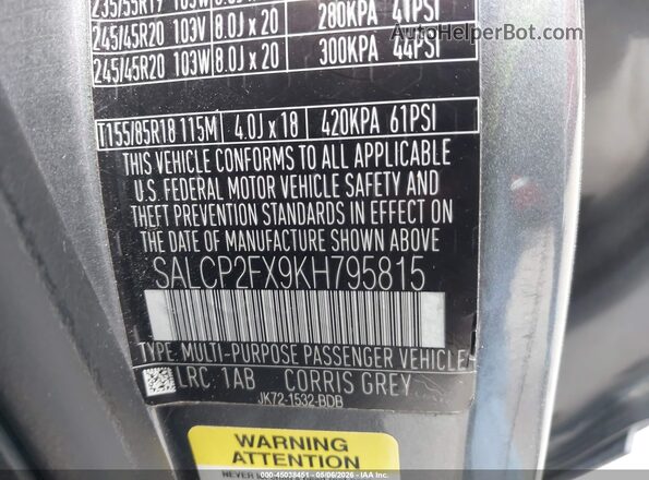 SALCP2FX9KH795815 2019 LAND ROVER DISCOVERY SPORT Gray Вид підкапотного простору