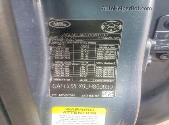 SALCP2FX9LH859630 2020 LAND ROVER DISCOVERY Синий Вид наклейки с VIN-кодом