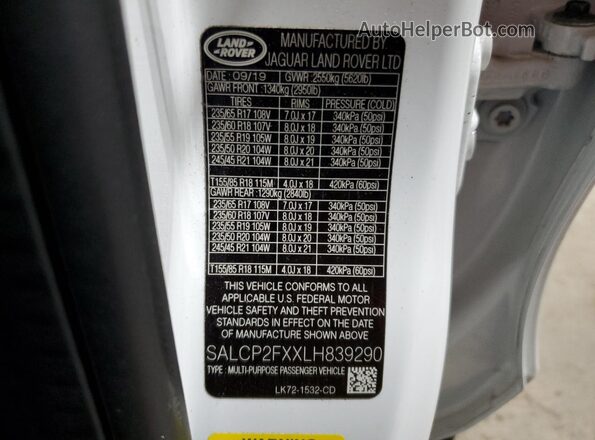 SALCP2FXXLH839290 2020 LAND ROVER DISCOVERY White VIN კოდის სტიკერის ხედი