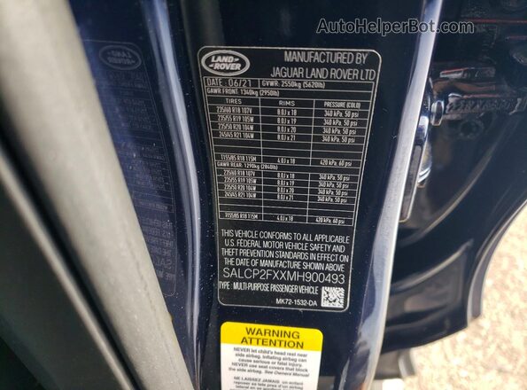 SALCP2FXXMH900493 2021 LAND ROVER DISCOVERY Blue Widok naklejki z numerem VIN