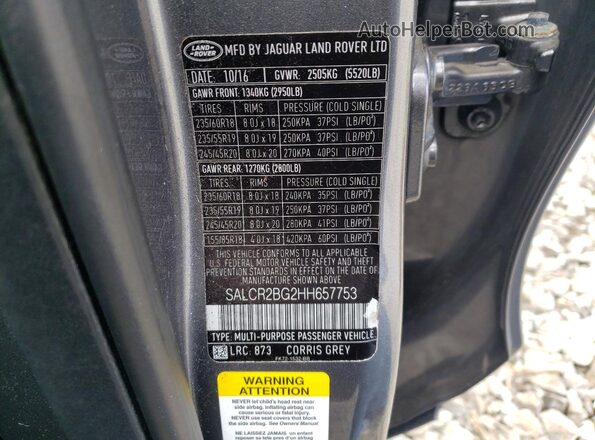 SALCR2BG2HH657753 2017 LAND ROVER DISCOVERY Серый Вид наклейки с VIN-кодом