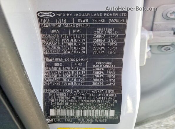 SALCR2FX7KH804845 2019 LAND ROVER DISCOVERY White Vista de la etiqueta del VIN