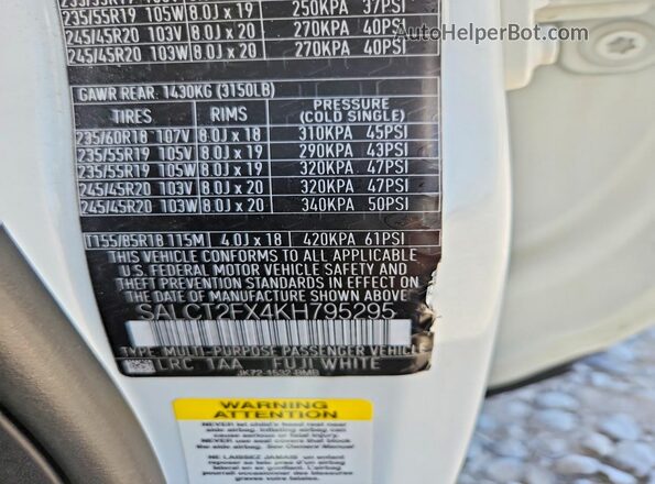 SALCT2FX4KH795295 2019 LAND ROVER DISCOVERY White VIN კოდის სტიკერის ხედი