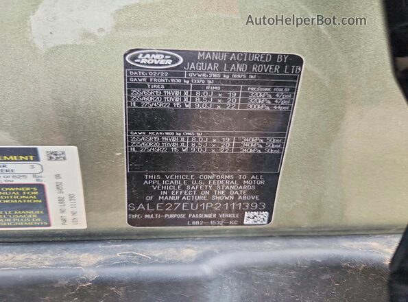 SALE27EU1P2111393 2023 LAND ROVER DEFENDER Зеленый Вид наклейки с VIN-кодом