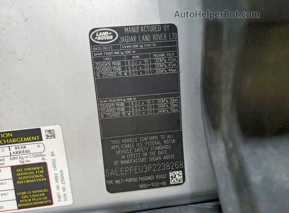 SALEPFEU3P2238268 2023 LAND ROVER DEFENDER Silver Widok naklejki z numerem VIN