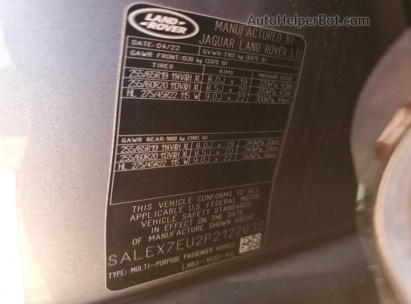 SALEX7EU2P2122632 2023 LAND ROVER DEFENDER Gray Widok naklejki z numerem VIN