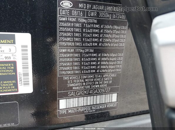 SALGR2KF4GA309727 2016 LAND ROVER RANGE ROVER Black ძრავის განყოფილების ხედი