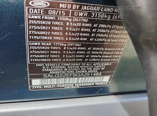 SALGS2EF9GA251484 2016 LAND ROVER RANGE Green Widok naklejki z numerem VIN