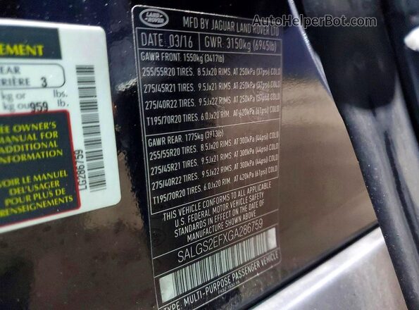 SALGS2EFXGA286759 2016 LAND ROVER RANGE Black VIN კოდის სტიკერის ხედი