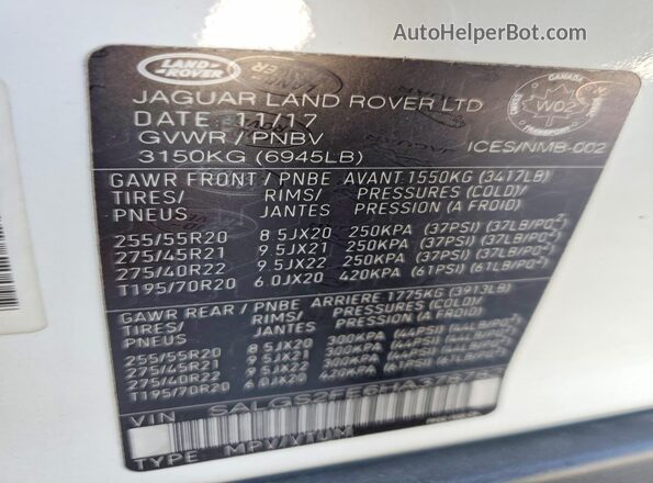 SALGS2FE6HA378782 2017 LAND ROVER RANGE White VIN კოდის სტიკერის ხედი