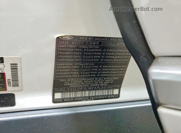 SALGS2FEXHA359278 2017 LAND ROVER RANGE White VIN sticker view
