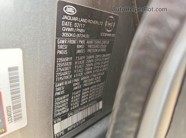 SALGS2FK8HA340203 2017 LAND ROVER RANGE Silver VIN კოდის სტიკერის ხედი