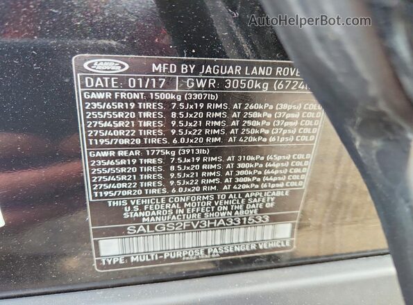 SALGS2FV3HA331533 2017 LAND ROVER RANGE Black Widok naklejki z numerem VIN