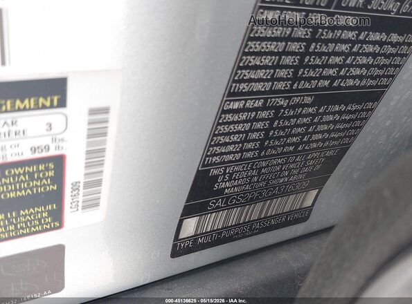 SALGS2PF3GA316309 2016 LAND ROVER RANGE ROVER Silver Вид підкапотного простору