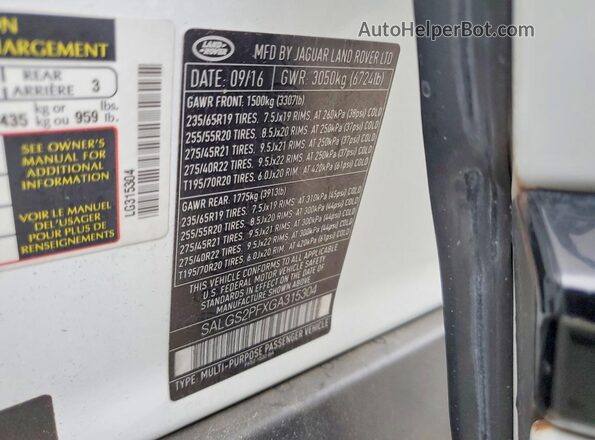 SALGS2PFXGA315304 2016 LAND ROVER RANGE White VIN կոդի պիտակի տեսք