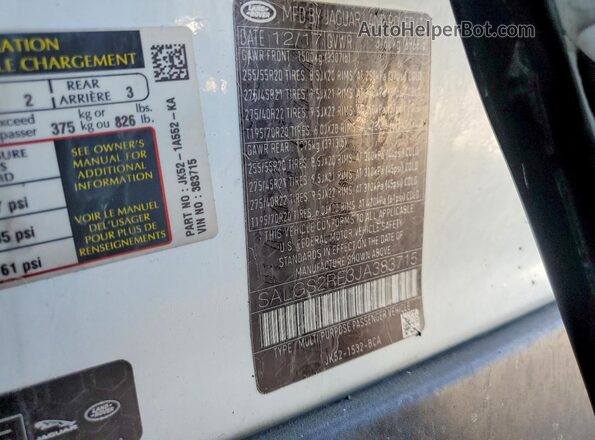 SALGS2RE3JA383715 2018 LAND ROVER RANGE White VIN კოდის სტიკერის ხედი