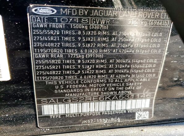 SALGS2RE6KA531146 2019 LAND ROVER RANGE Black Widok naklejki z numerem VIN