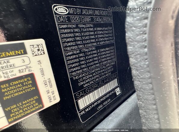 SALGS2RU5LA402954 2020 LAND ROVER RANGE ROVER Черный Вид подкапотного пространства