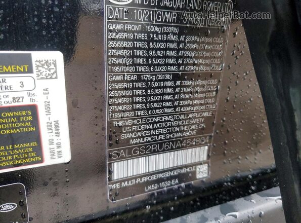 SALGS2RU6NA464804 2022 LAND ROVER RANGE Black Widok komory silnika