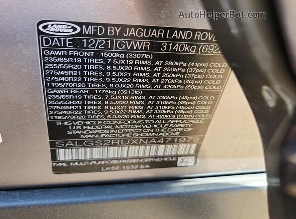 SALGS2RUXNA471979 2022 LAND ROVER RANGE Серый Вид наклейки с VIN-кодом
