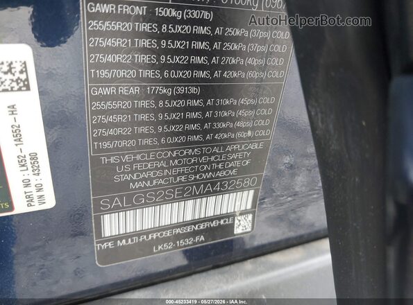 SALGS2SE2MA432580 2021 LAND ROVER RANGE ROVER Blue Widok komory silnika