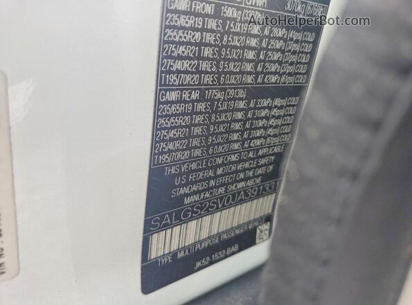 SALGS2SV0JA391331 2018 LAND ROVER RANGE Белый Вид наклейки с VIN-кодом