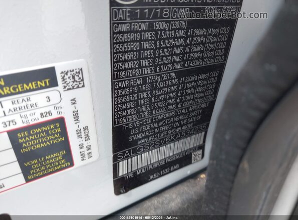 SALGS2SV6KA534235 2019 LAND ROVER RANGE ROVER White Вид підкапотного простору