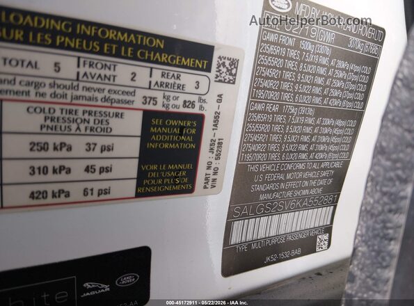 SALGS2SV6KA552881 2019 LAND ROVER RANGE ROVER White Vista del compartimento del motor