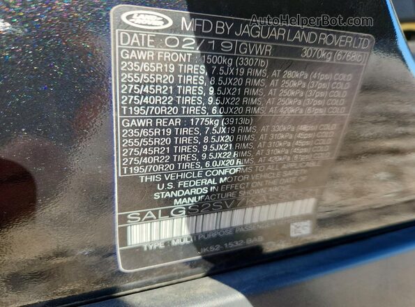 SALGS2SV7KA550671 2019 LAND ROVER RANGE Black VIN კოდის სტიკერის ხედი