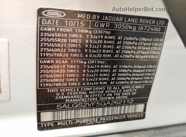 SALGS2VF5GA262112 2016 LAND ROVER RANGE Белый Вид наклейки с VIN-кодом