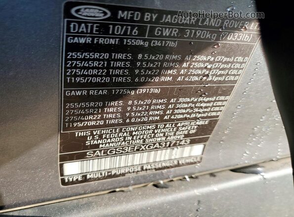 SALGS3EFXGA317143 2016 LAND ROVER RANGE Серый Вид наклейки с VIN-кодом