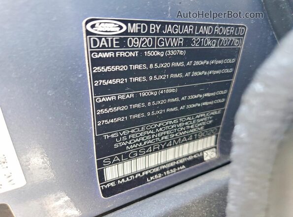 SALGS4RY4MA419020 2021 LAND ROVER RANGE Blue VIN կոդի պիտակի տեսք